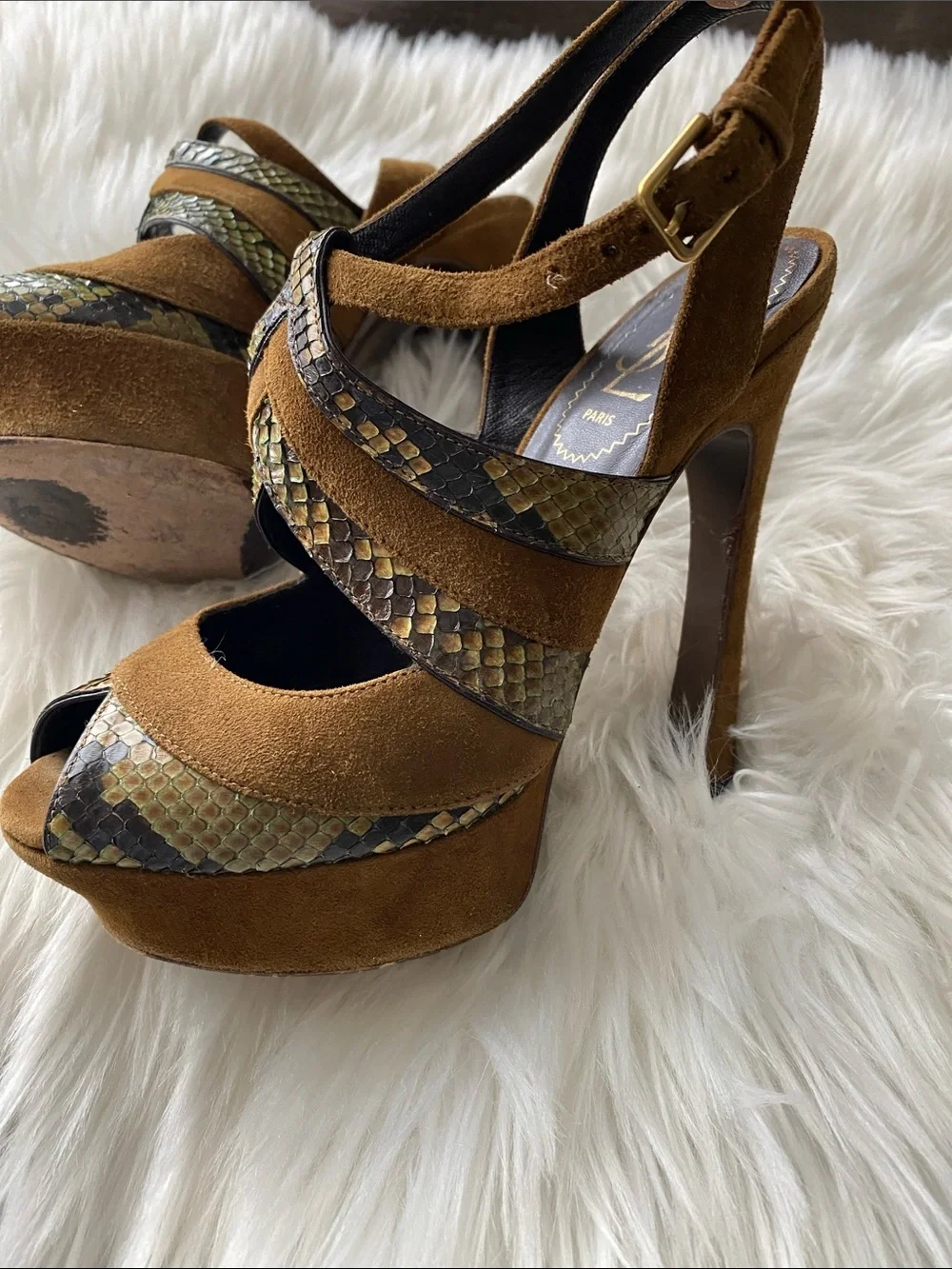 YSL olive Brown Suede Snake-Trim Platform Heels